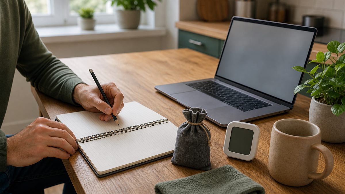 Household odor notes on a desk with simple home-care tools